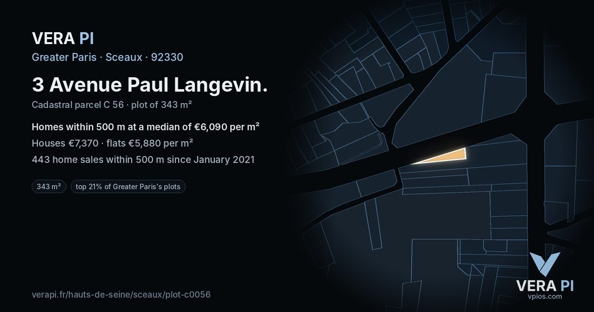 3 Avenue Paul Langevin, Sceaux at night – the plot lit, the parcels around coloured by the prices near them