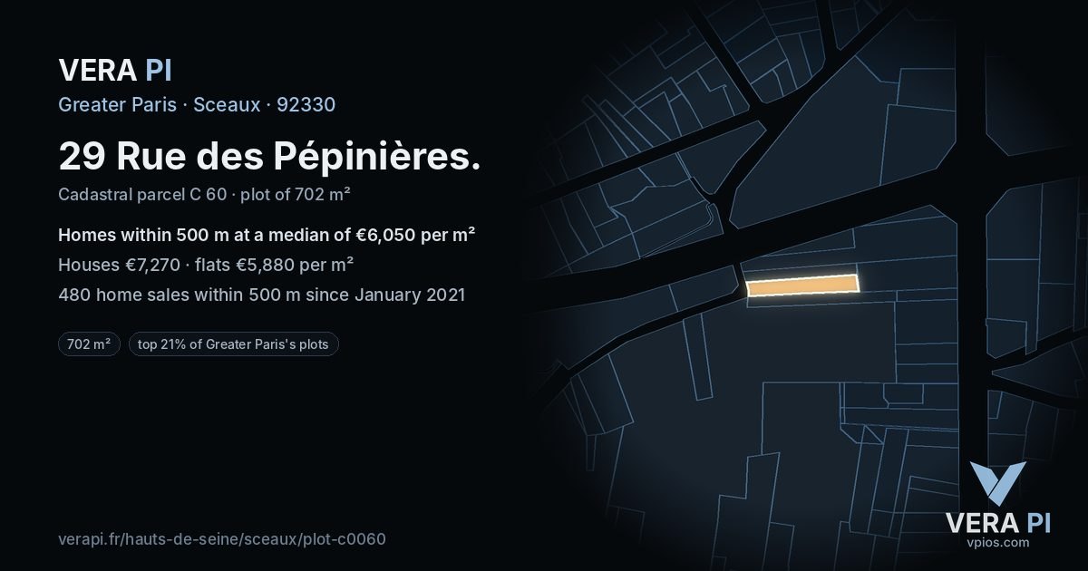 29 Rue des Pépinières, Sceaux at night – the plot lit, the parcels around coloured by the prices near them
