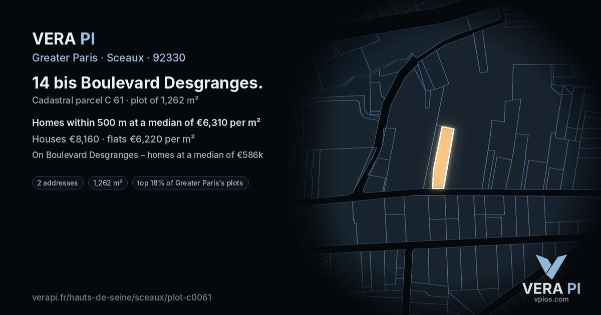14 bis Boulevard Desgranges, Sceaux at night – the plot lit, the parcels around coloured by the prices near them