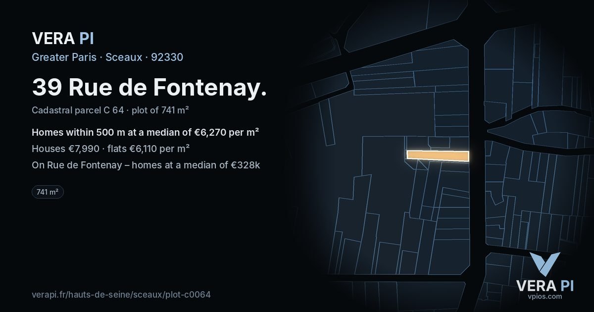 39 Rue de Fontenay, Sceaux at night – the plot lit, the parcels around coloured by the prices near them