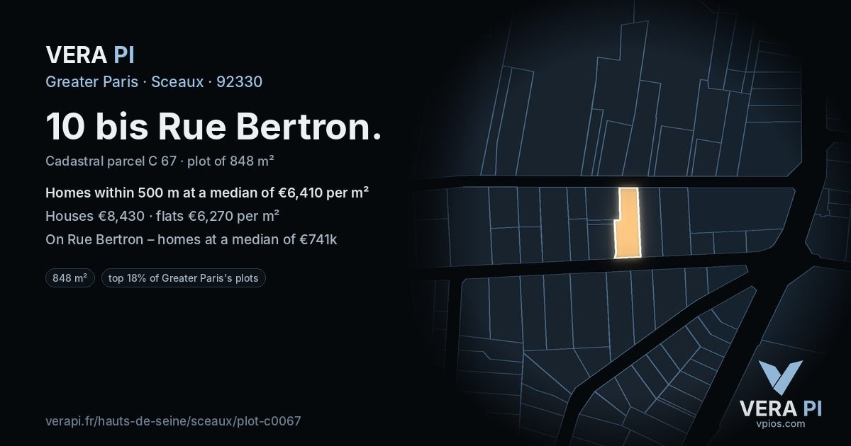 10 bis Rue Bertron, Sceaux at night – the plot lit, the parcels around coloured by the prices near them