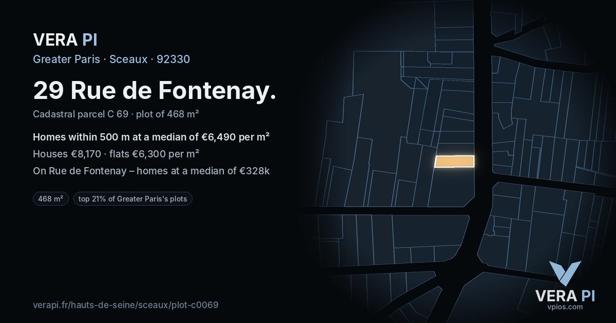 29 Rue de Fontenay, Sceaux at night – the plot lit, the parcels around coloured by the prices near them