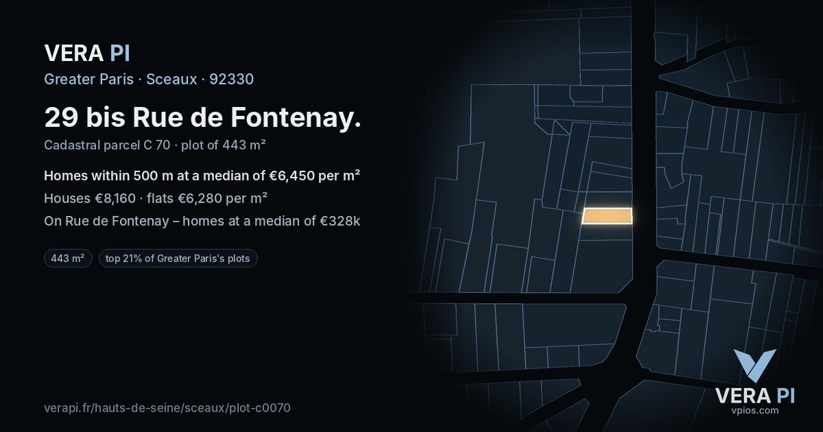 29 bis Rue de Fontenay, Sceaux at night – the plot lit, the parcels around coloured by the prices near them