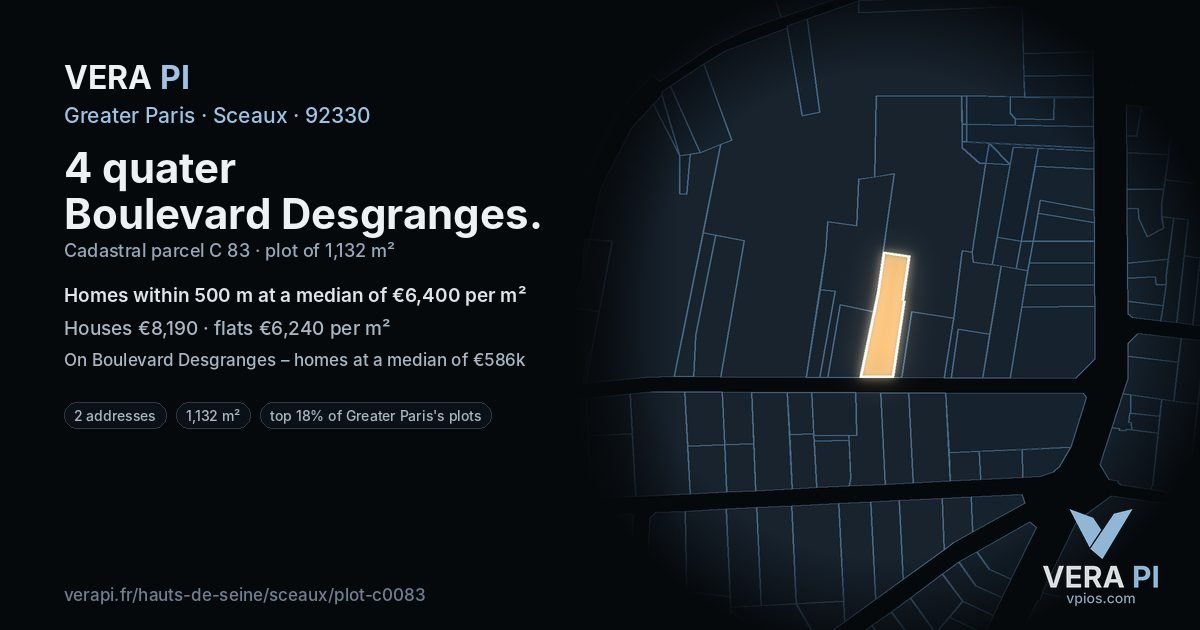 4 quater Boulevard Desgranges, Sceaux at night – the plot lit, the parcels around coloured by the prices near them