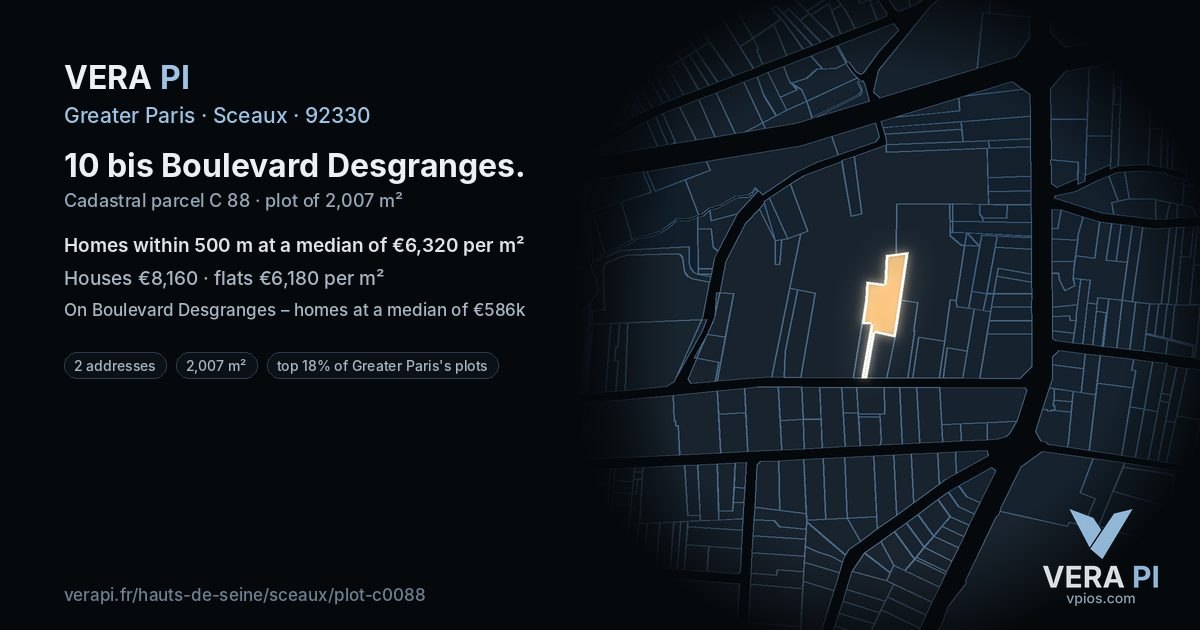 10 bis Boulevard Desgranges, Sceaux at night – the plot lit, the parcels around coloured by the prices near them