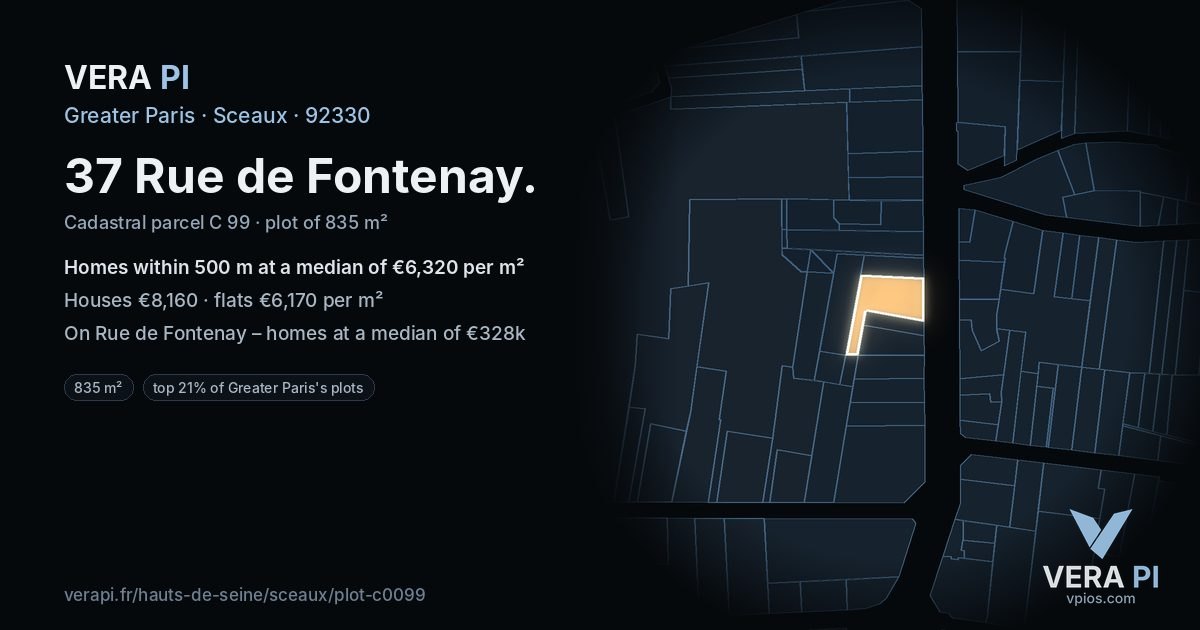 37 Rue de Fontenay, Sceaux at night – the plot lit, the parcels around coloured by the prices near them