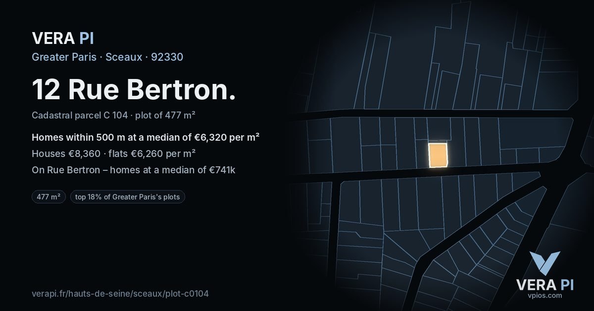 12 Rue Bertron, Sceaux at night – the plot lit, the parcels around coloured by the prices near them