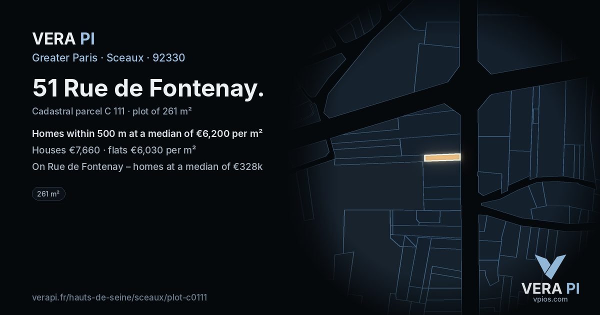 51 Rue de Fontenay, Sceaux at night – the plot lit, the parcels around coloured by the prices near them