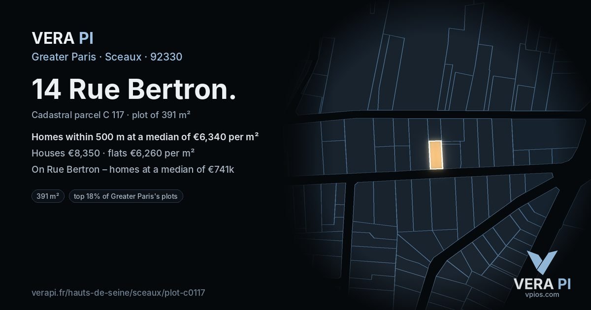 14 Rue Bertron, Sceaux at night – the plot lit, the parcels around coloured by the prices near them