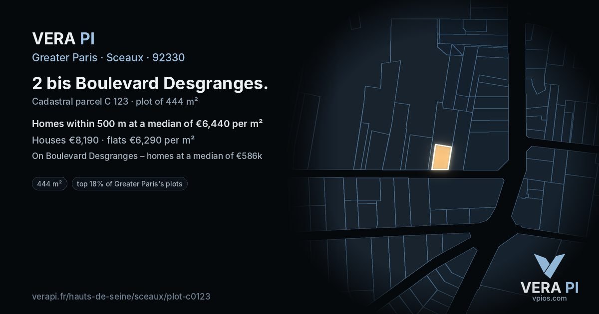2 bis Boulevard Desgranges, Sceaux at night – the plot lit, the parcels around coloured by the prices near them