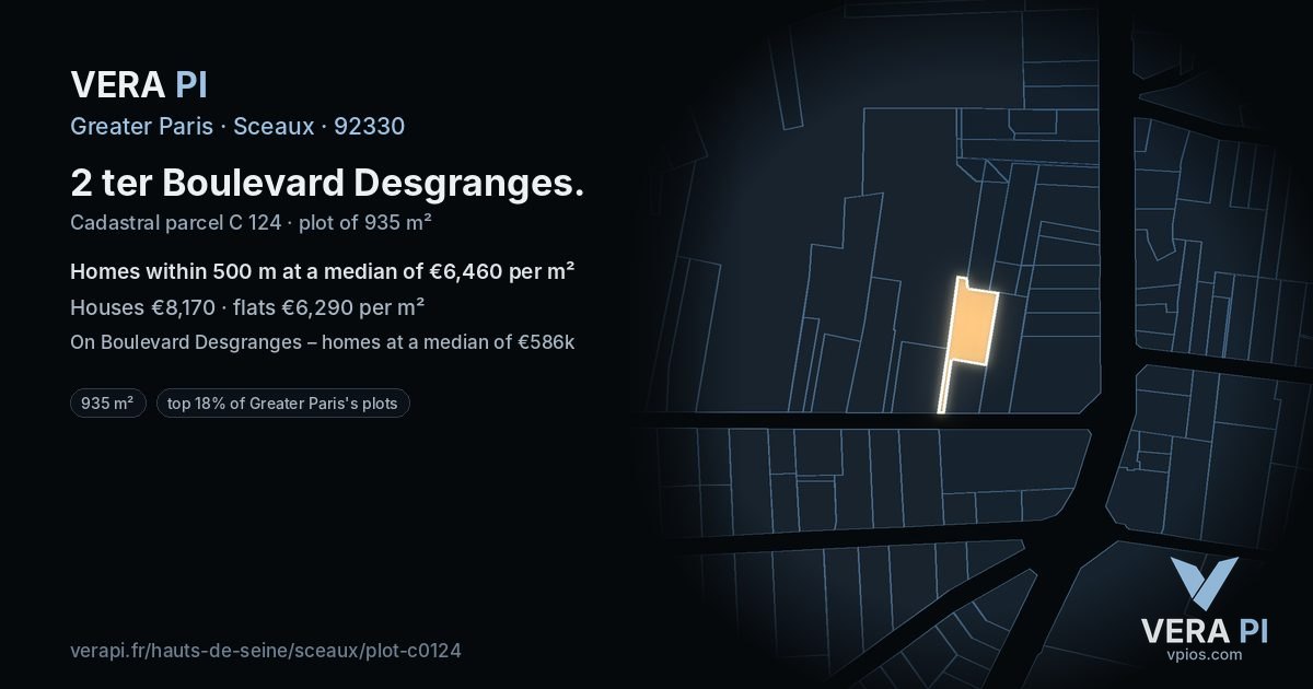 2 ter Boulevard Desgranges, Sceaux at night – the plot lit, the parcels around coloured by the prices near them