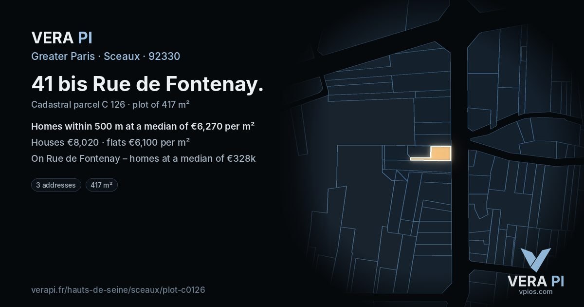 41 bis Rue de Fontenay, Sceaux at night – the plot lit, the parcels around coloured by the prices near them