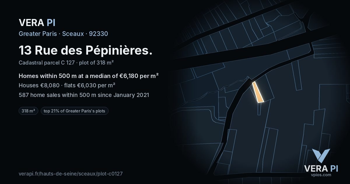 13 Rue des Pépinières, Sceaux at night – the plot lit, the parcels around coloured by the prices near them