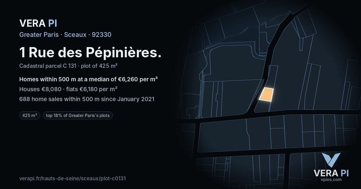 1 Rue des Pépinières, Sceaux at night – the plot lit, the parcels around coloured by the prices near them