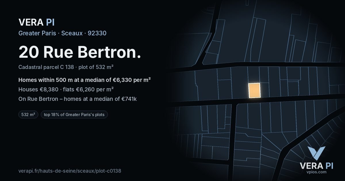 20 Rue Bertron, Sceaux at night – the plot lit, the parcels around coloured by the prices near them