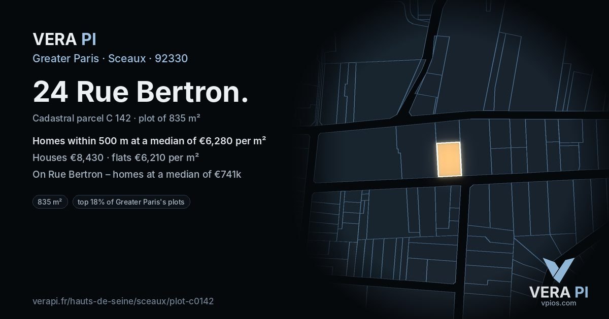 24 Rue Bertron, Sceaux at night – the plot lit, the parcels around coloured by the prices near them