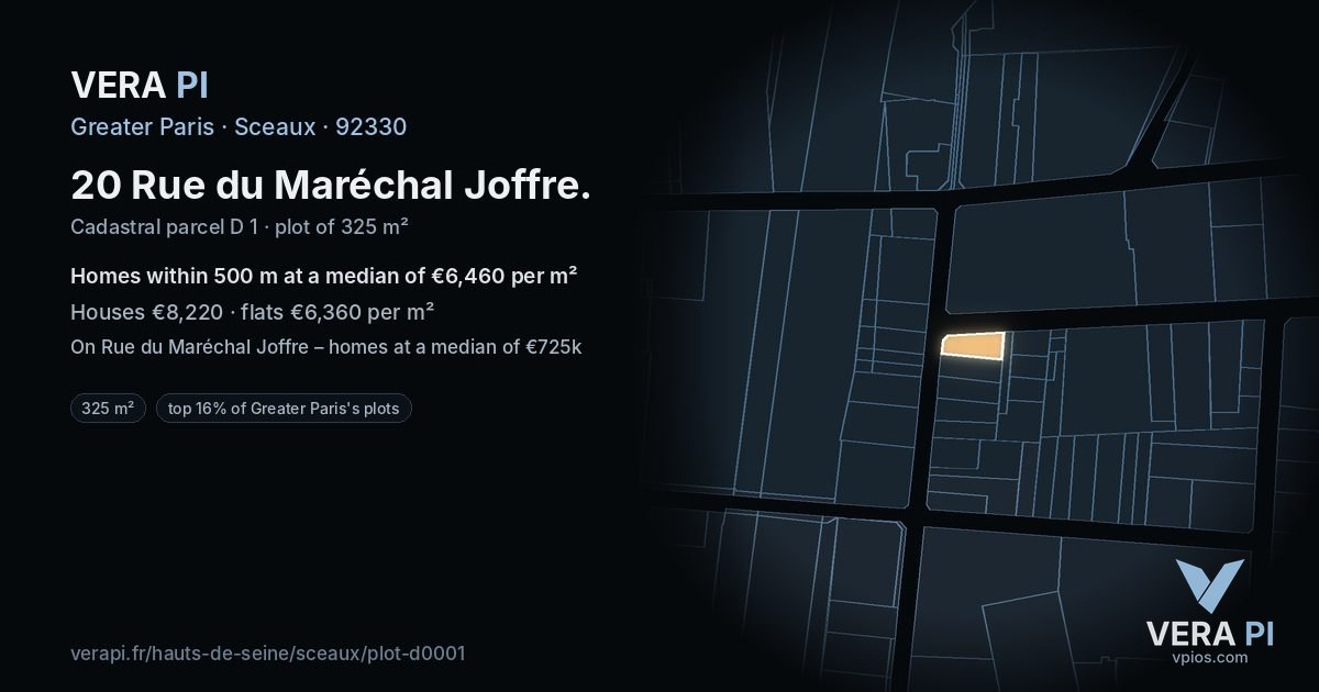 20 Rue du Maréchal Joffre, Sceaux at night – the plot lit, the parcels around coloured by the prices near them