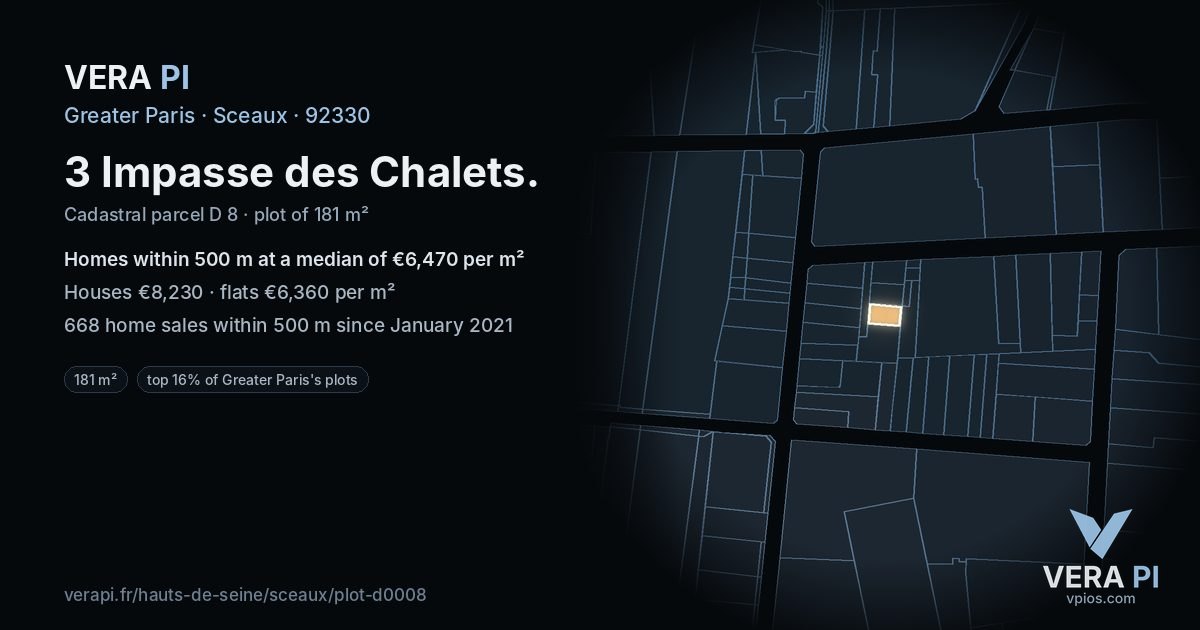 3 Impasse des Chalets, Sceaux at night – the plot lit, the parcels around coloured by the prices near them