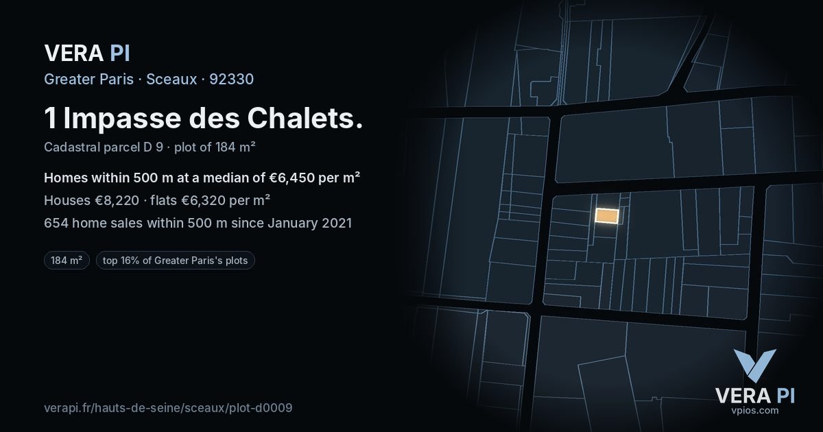 1 Impasse des Chalets, Sceaux at night – the plot lit, the parcels around coloured by the prices near them