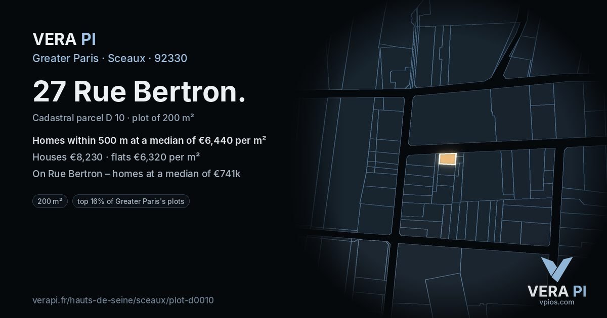 27 Rue Bertron, Sceaux at night – the plot lit, the parcels around coloured by the prices near them