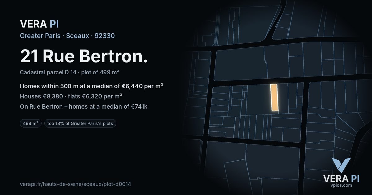 21 Rue Bertron, Sceaux at night – the plot lit, the parcels around coloured by the prices near them