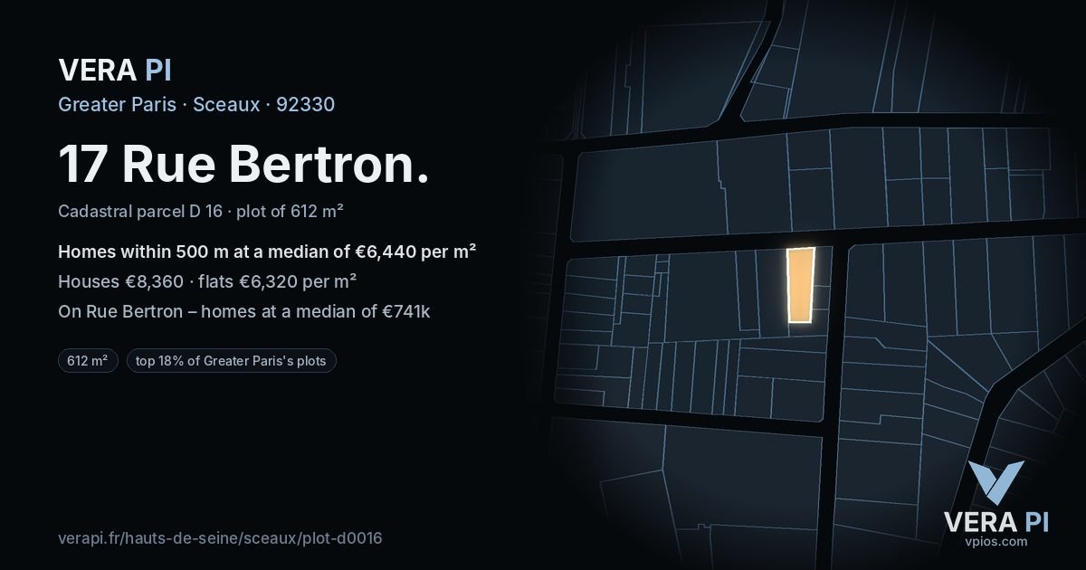 17 Rue Bertron, Sceaux at night – the plot lit, the parcels around coloured by the prices near them