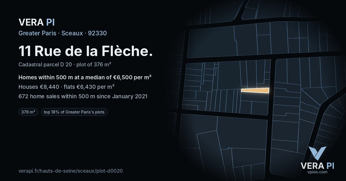 11 Rue de la Flèche, Sceaux at night – the plot lit, the parcels around coloured by the prices near them