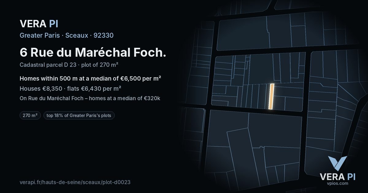 6 Rue du Maréchal Foch, Sceaux at night – the plot lit, the parcels around coloured by the prices near them
