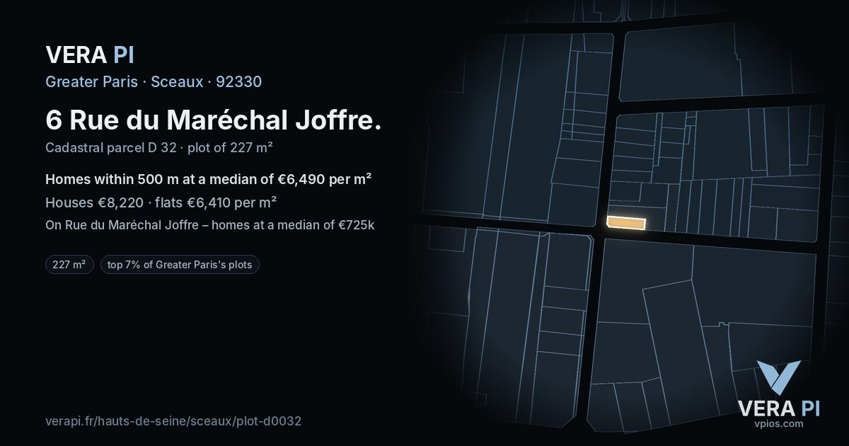 6 Rue du Maréchal Joffre, Sceaux at night – the plot lit, the parcels around coloured by the prices near them