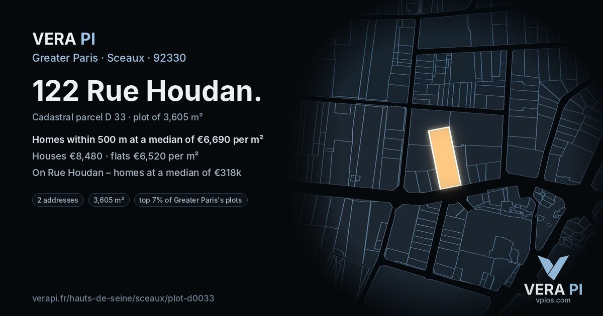 122 Rue Houdan, Sceaux at night – the plot lit, the parcels around coloured by the prices near them