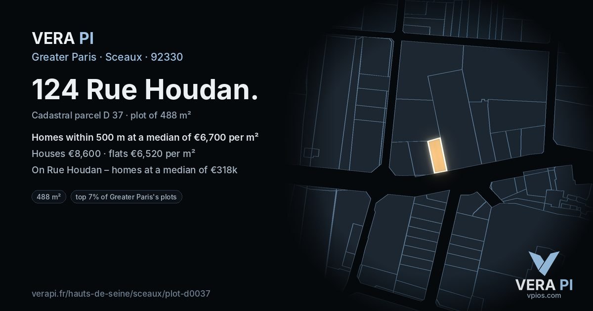 124 Rue Houdan, Sceaux at night – the plot lit, the parcels around coloured by the prices near them