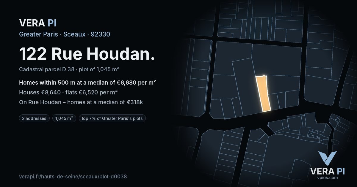 122 Rue Houdan, Sceaux at night – the plot lit, the parcels around coloured by the prices near them