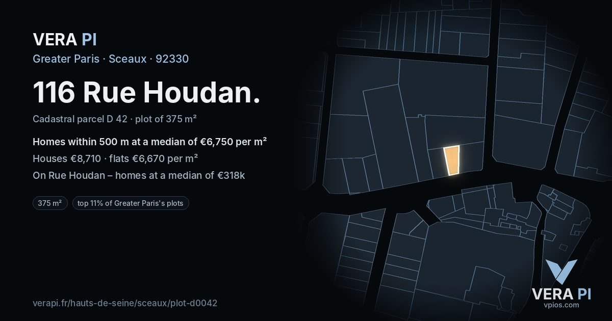 116 Rue Houdan, Sceaux at night – the plot lit, the parcels around coloured by the prices near them