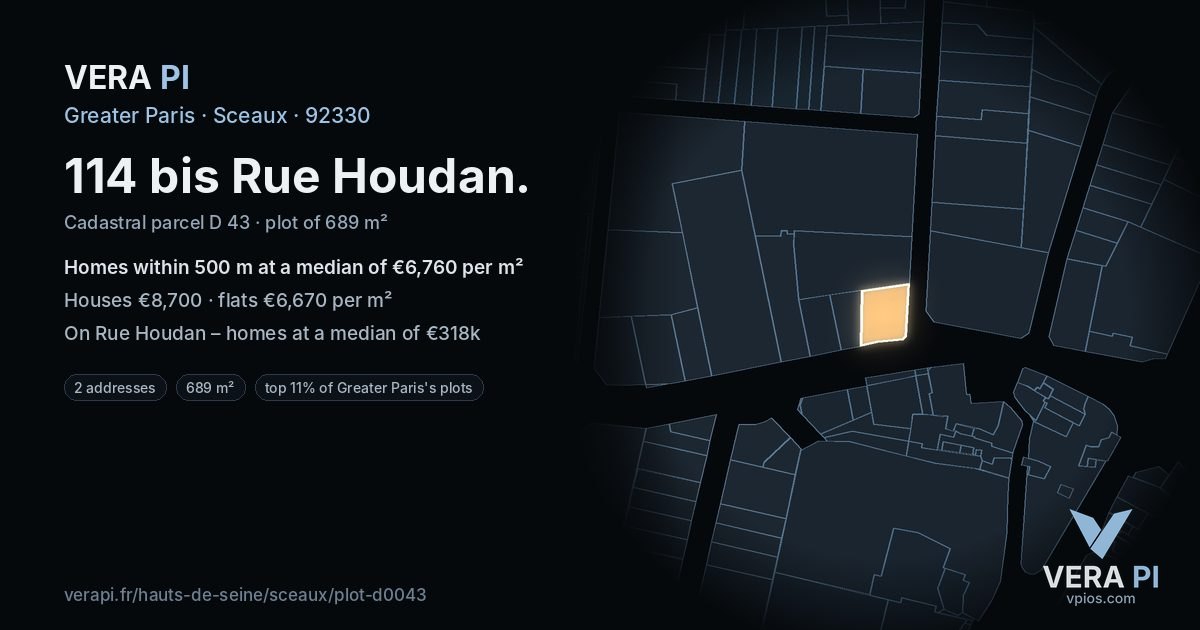 114 bis Rue Houdan, Sceaux at night – the plot lit, the parcels around coloured by the prices near them