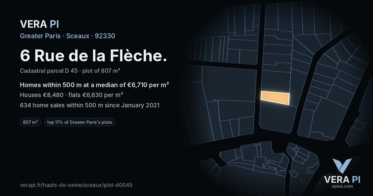 6 Rue de la Flèche, Sceaux at night – the plot lit, the parcels around coloured by the prices near them