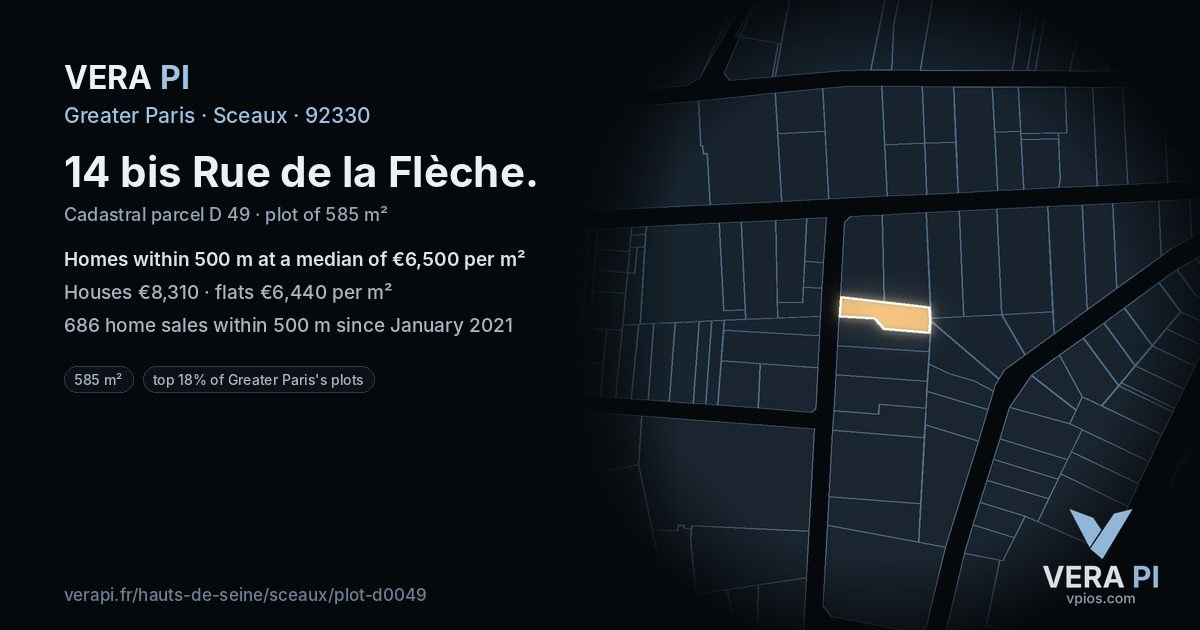 14 bis Rue de la Flèche, Sceaux at night – the plot lit, the parcels around coloured by the prices near them