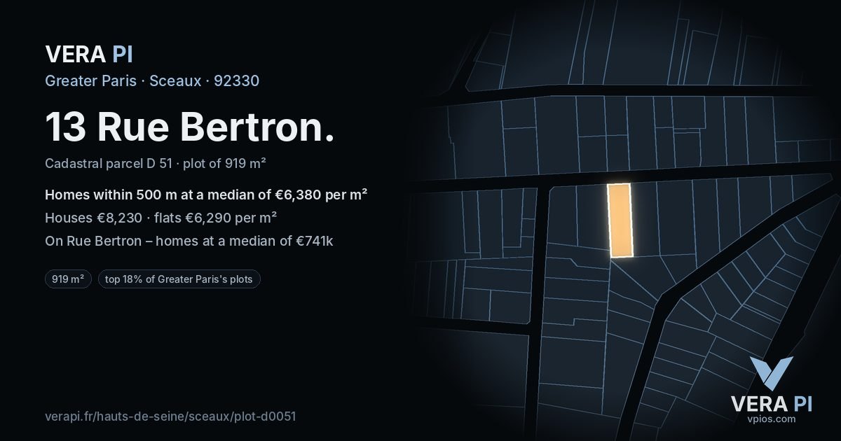 13 Rue Bertron, Sceaux at night – the plot lit, the parcels around coloured by the prices near them