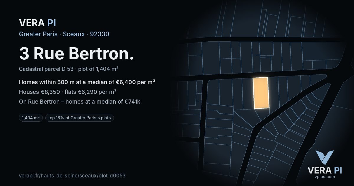 3 Rue Bertron, Sceaux at night – the plot lit, the parcels around coloured by the prices near them