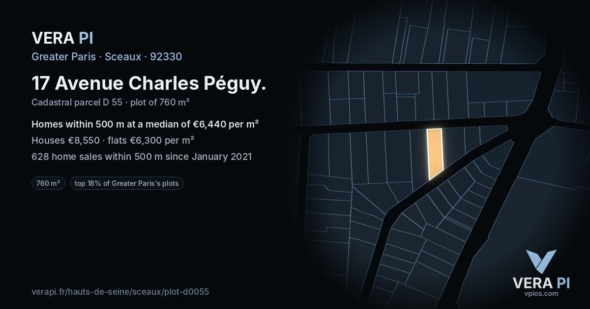 17 Avenue Charles Péguy, Sceaux at night – the plot lit, the parcels around coloured by the prices near them