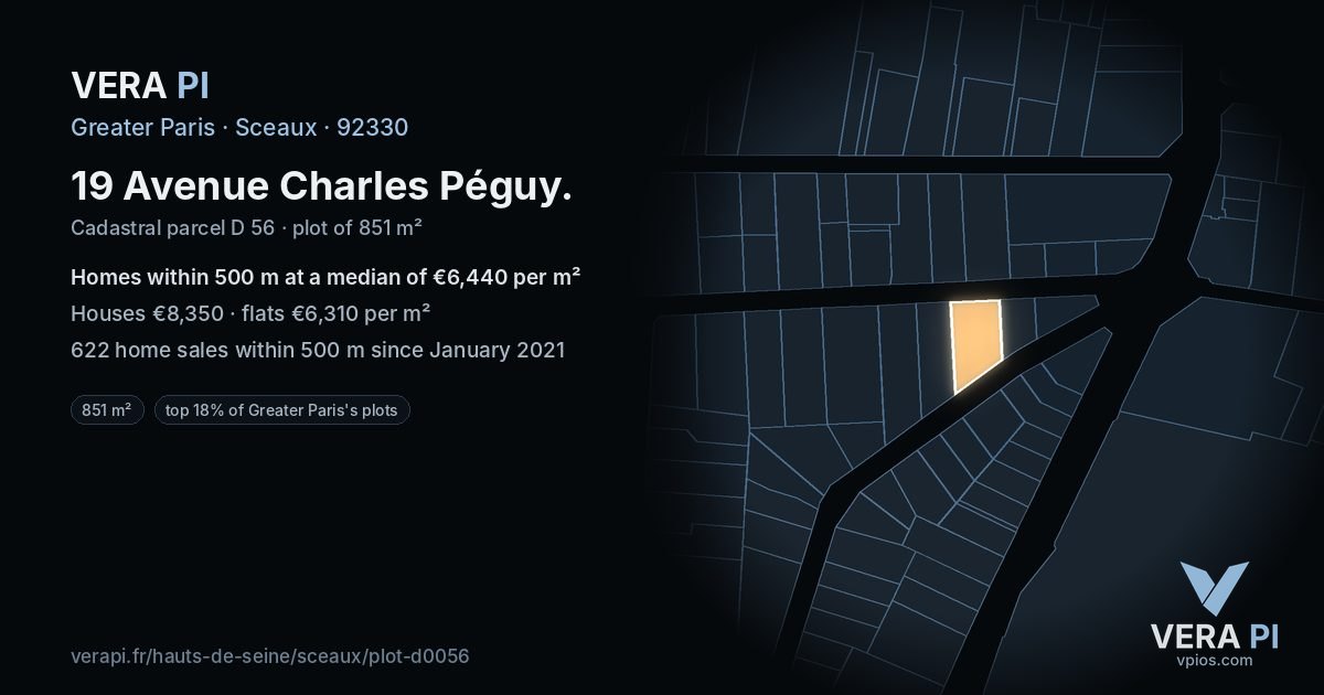 19 Avenue Charles Péguy, Sceaux at night – the plot lit, the parcels around coloured by the prices near them