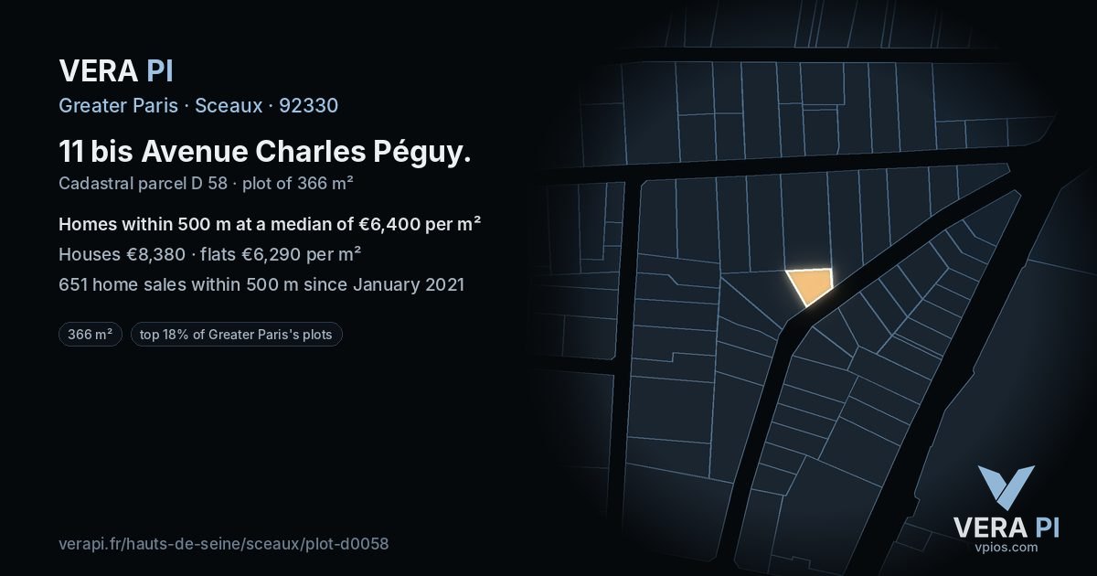 11 bis Avenue Charles Péguy, Sceaux at night – the plot lit, the parcels around coloured by the prices near them