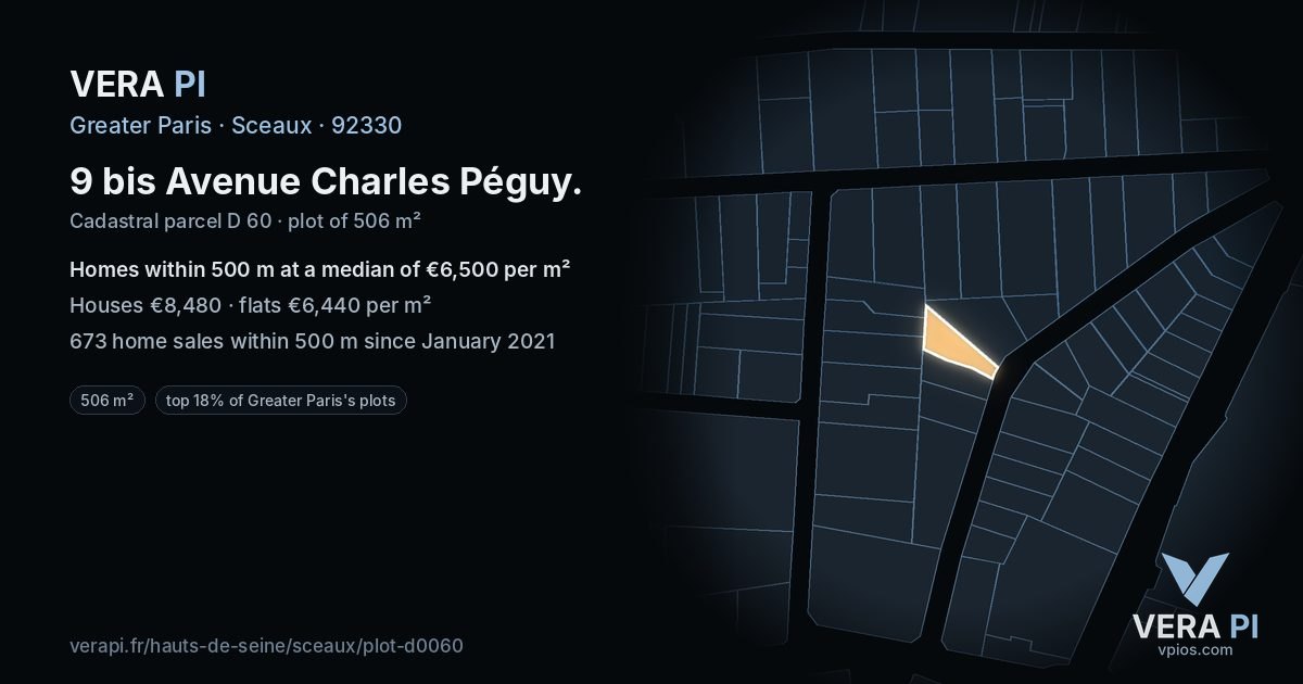 9 bis Avenue Charles Péguy, Sceaux at night – the plot lit, the parcels around coloured by the prices near them