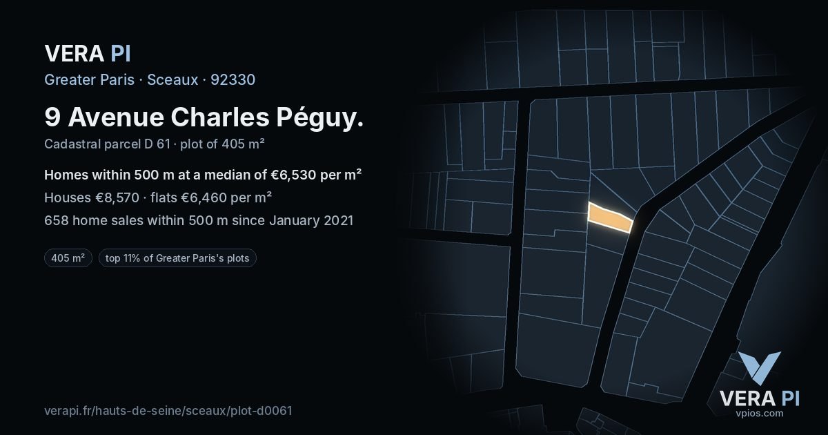 9 Avenue Charles Péguy, Sceaux at night – the plot lit, the parcels around coloured by the prices near them
