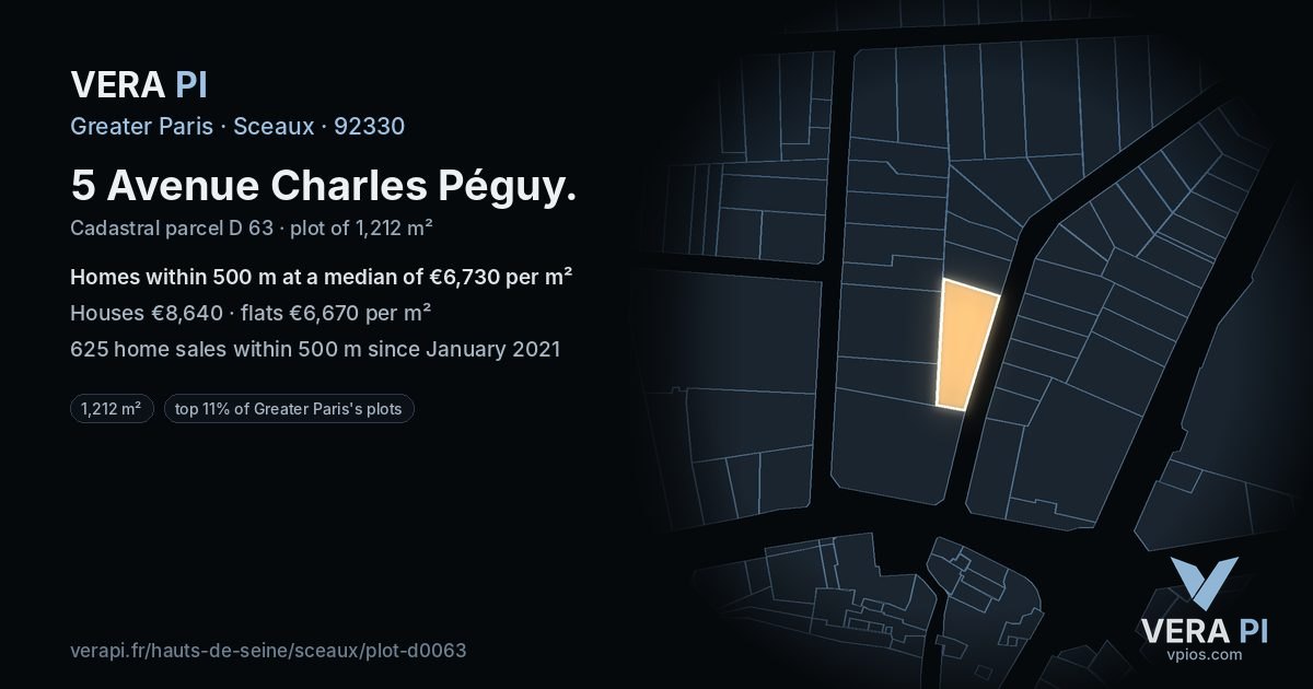 5 Avenue Charles Péguy, Sceaux at night – the plot lit, the parcels around coloured by the prices near them