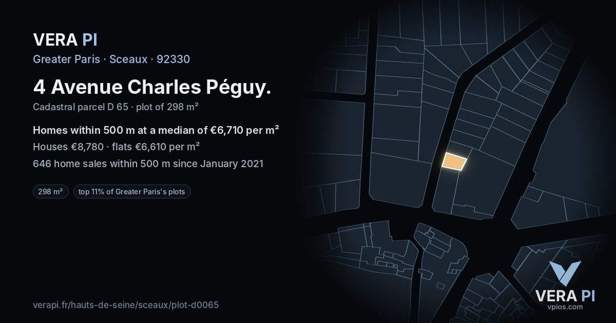 4 Avenue Charles Péguy, Sceaux at night – the plot lit, the parcels around coloured by the prices near them