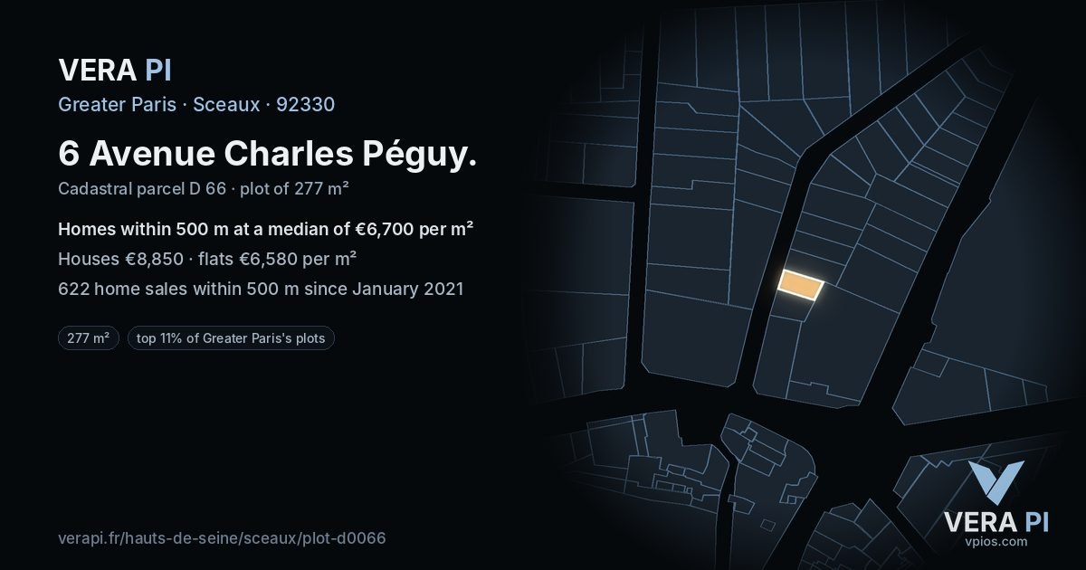 6 Avenue Charles Péguy, Sceaux at night – the plot lit, the parcels around coloured by the prices near them