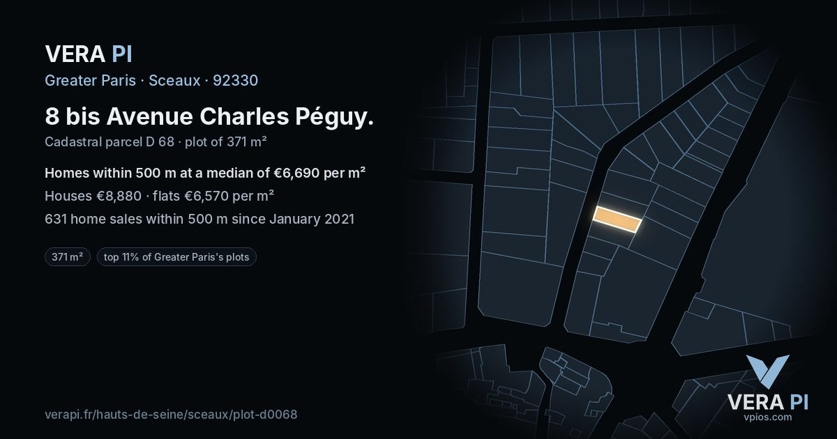 8 bis Avenue Charles Péguy, Sceaux at night – the plot lit, the parcels around coloured by the prices near them