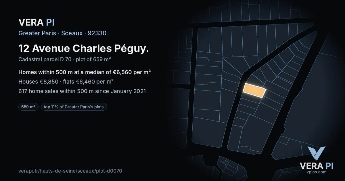 12 Avenue Charles Péguy, Sceaux at night – the plot lit, the parcels around coloured by the prices near them