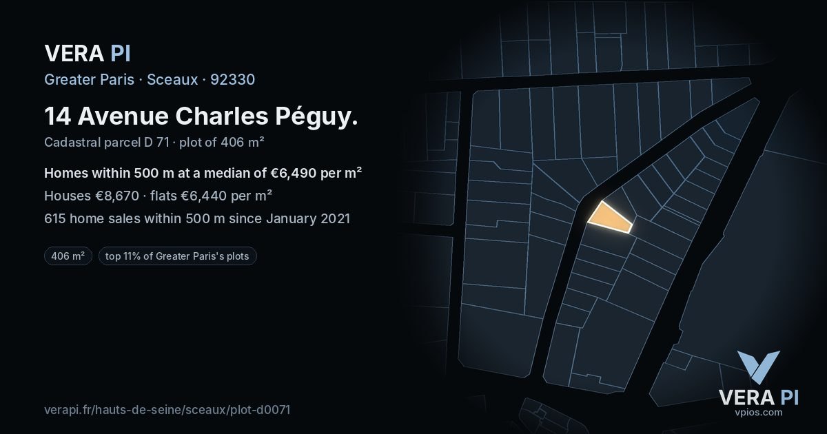 14 Avenue Charles Péguy, Sceaux at night – the plot lit, the parcels around coloured by the prices near them