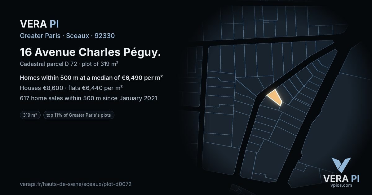 16 Avenue Charles Péguy, Sceaux at night – the plot lit, the parcels around coloured by the prices near them